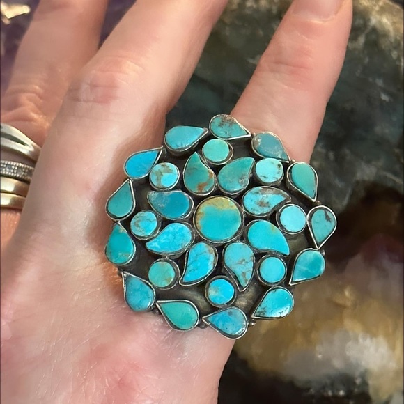 Blue turquoise inlay tile sterling silver statement ring - Picture 2 of 6